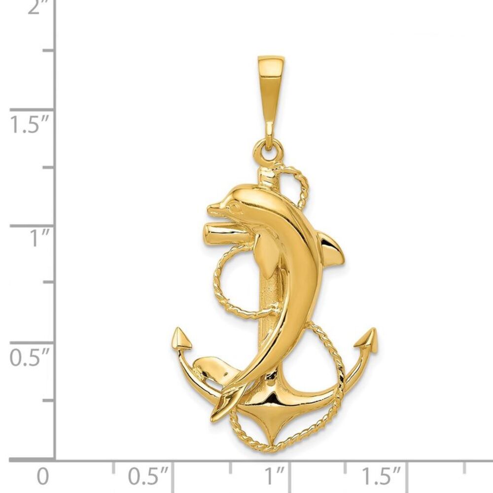 14k Yellow Gold Solid Polished Anchor With Dolphi… - image 4
